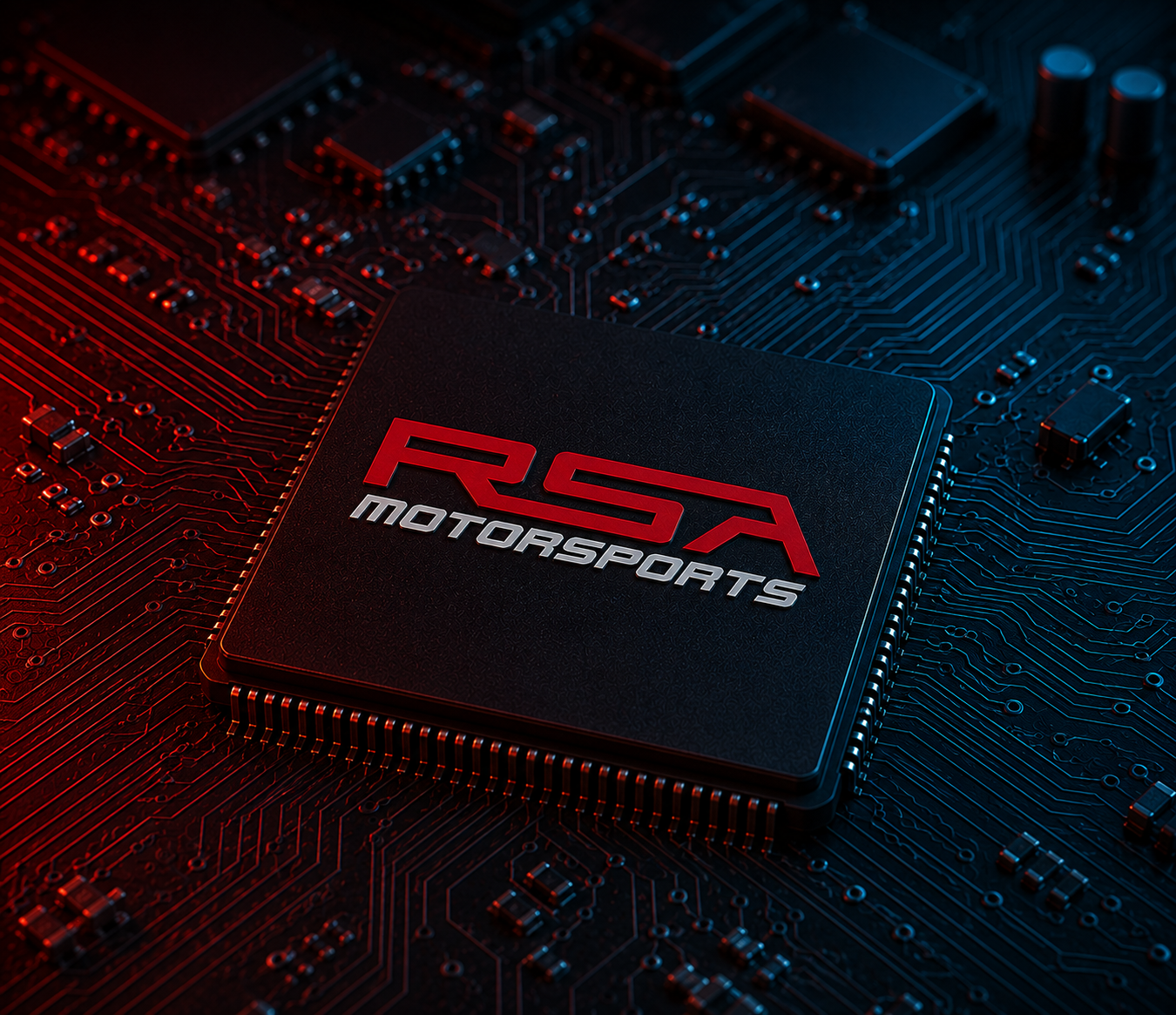 RSA Motorsports markasının işlendiği ECU çipi ve devre kartı